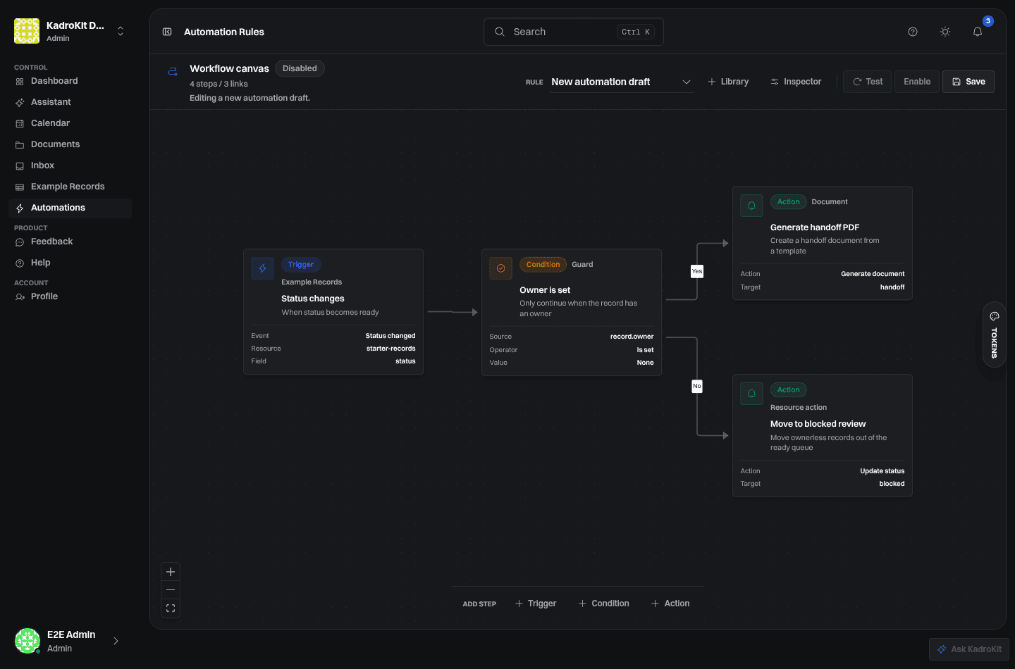 KadroKit automation workflow canvas with trigger, condition and action nodes.
