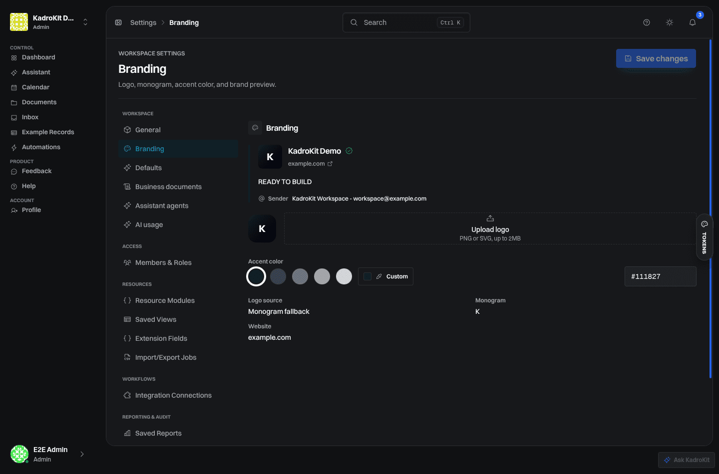 KadroKit Branding settings with logo upload, accent color and brand preview.