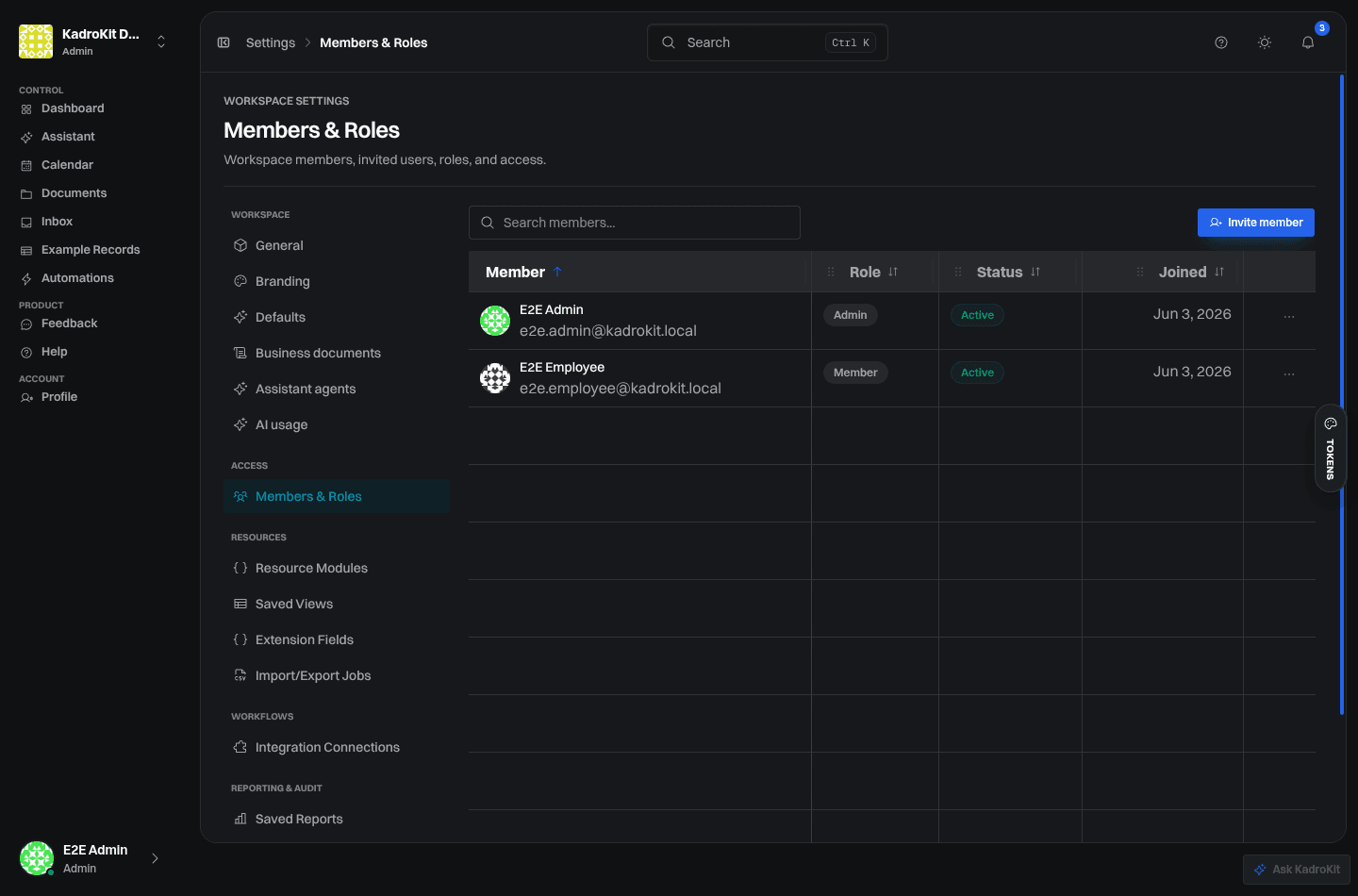 KadroKit Members & Roles settings with workspace members, roles and invitations.