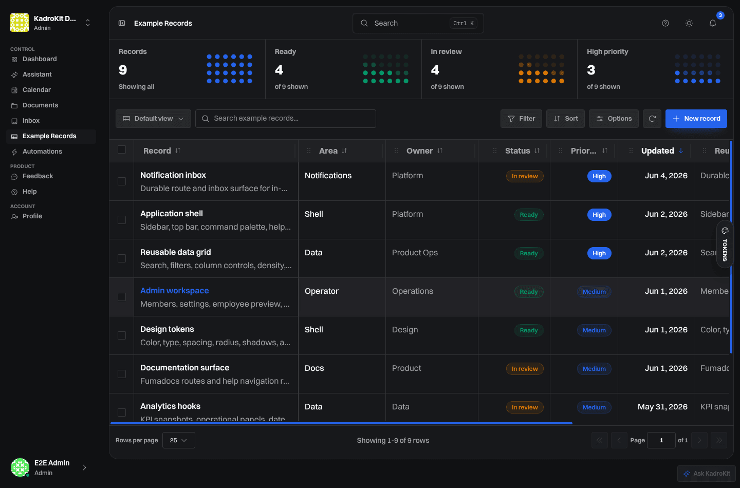 KadroKit Example Records table with saved views, filters, statuses and priorities.